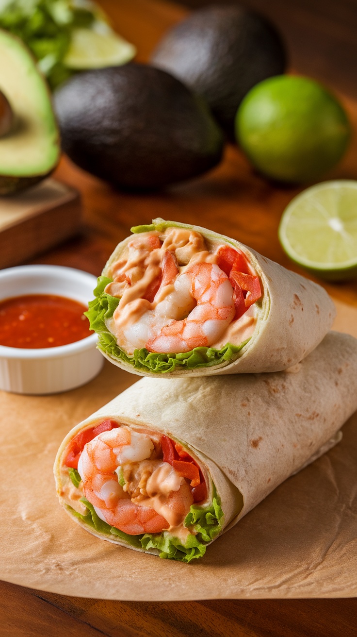 A Shrimp Burrito filled with shrimp, lettuce, tomatoes, and sauce, sliced open on a wooden table.